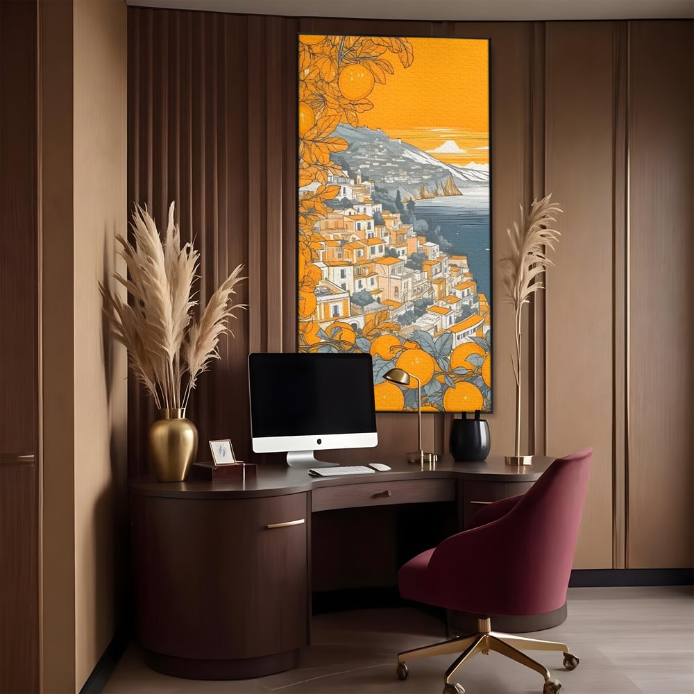 Tablou canvas cu ilustratie cu oras pe malul marii, in rama de aluminiu negru, pe perete intr-un birou